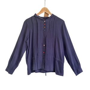 NWT SooLinen Blue Linen Pleated Drawstring Multicolor Button Down Shirt Medium